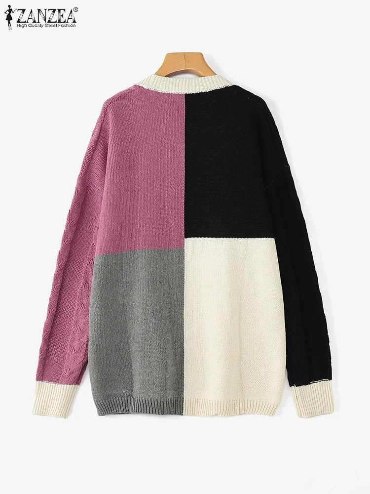 Осенние свитера ZANZEA 2024, зимние теплые длинные кимоно, пальто, женские кардиганы с длинными рукавами и открытой передней частью контрастного цвета, вязаная верхняя одежда