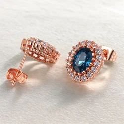 Luxury Ocean Blue Crystal Engagement Ear Piercing Stud Earrings for Women Cubic Zirconia Rose Gold Color Fashion Jewelry E109