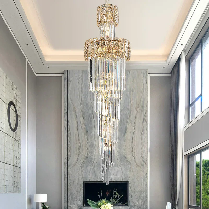 Revolving staircase long chandelier, villa living room crystal hollow modern simple duplex floor hall