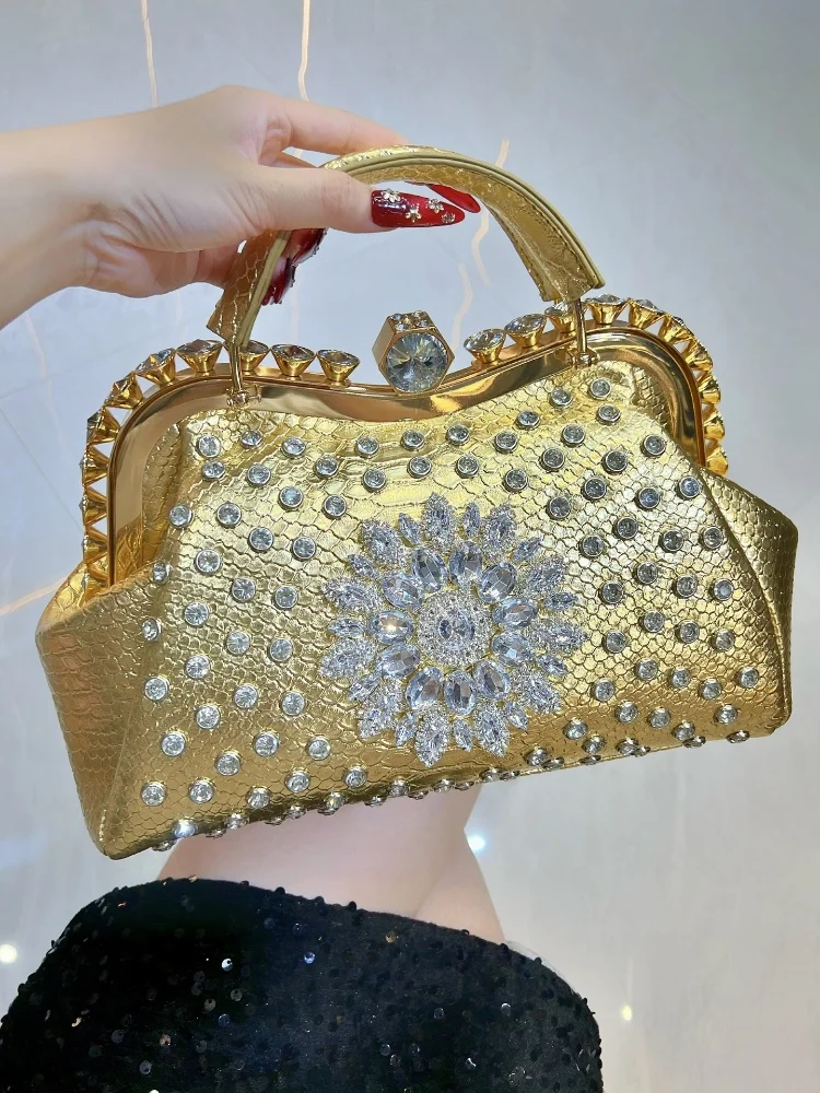 

High-level Texture Rhinestones Alligator Pattern Tote Bag For Women PU Leather Luxury Handbag Frame Designer Ladies Shoulder Bag
