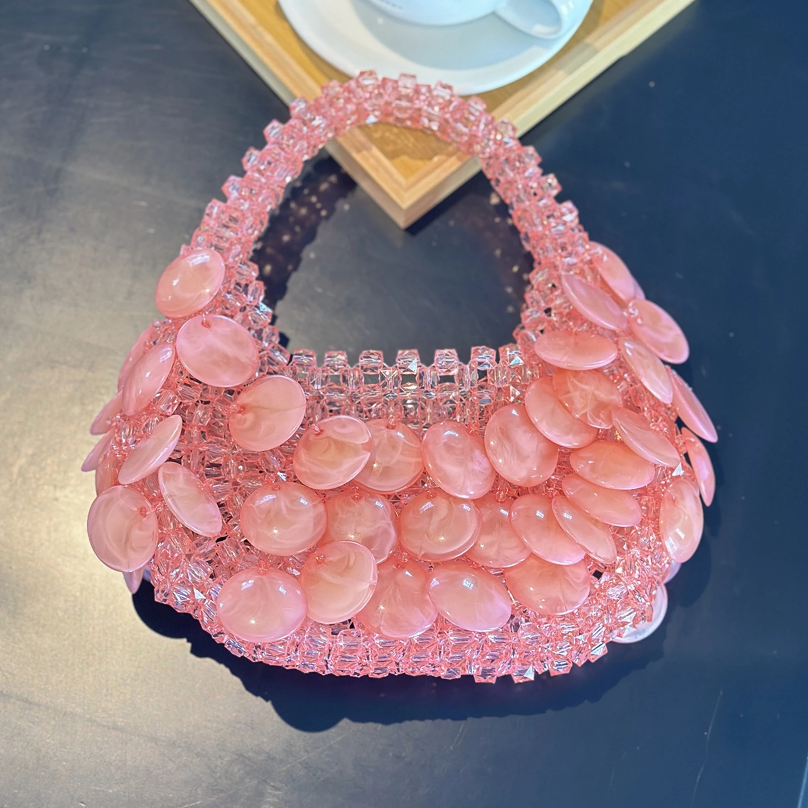 DOYUTIG Brand Vintage Women's Pink Beaded Handbags Fashion Wedding Party Buckets Beauty Evening Bags Lady Woven Bead Bag M002