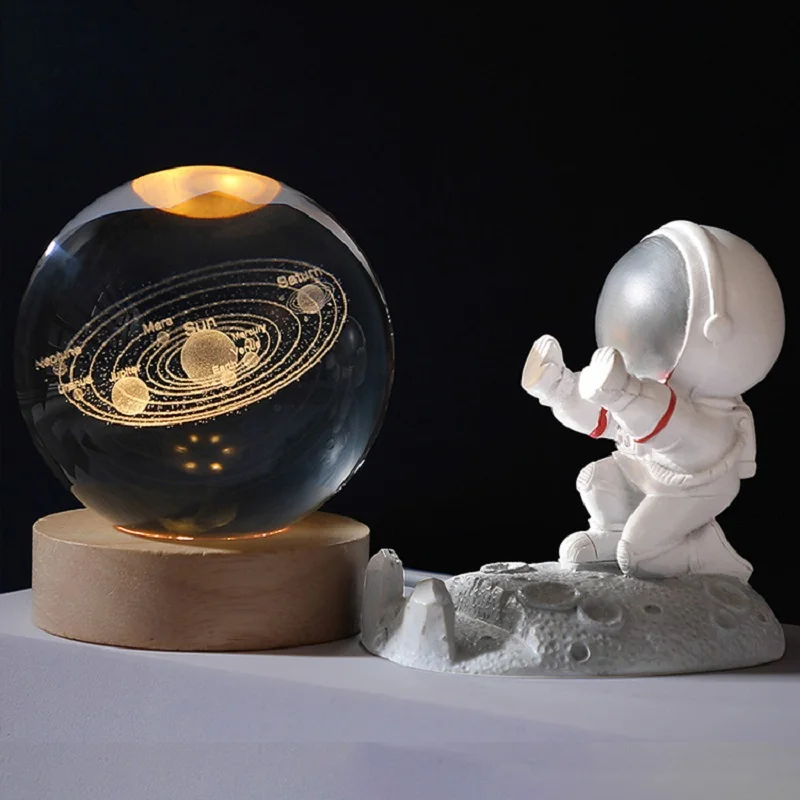 Crystal ball Night Light Crystal Astronaut Planet Globe 3D Laser Engraved Solar System Ball with Touch Switch LED Light Base Ast