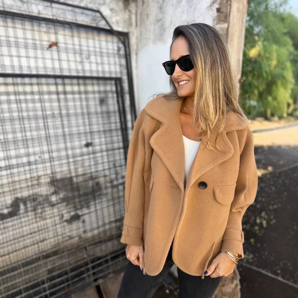 

Autumn Winter Women's Casual Woolen Suit Jacket Buttoned Fake Pocket Notch Collar Transoceanic New Arrival