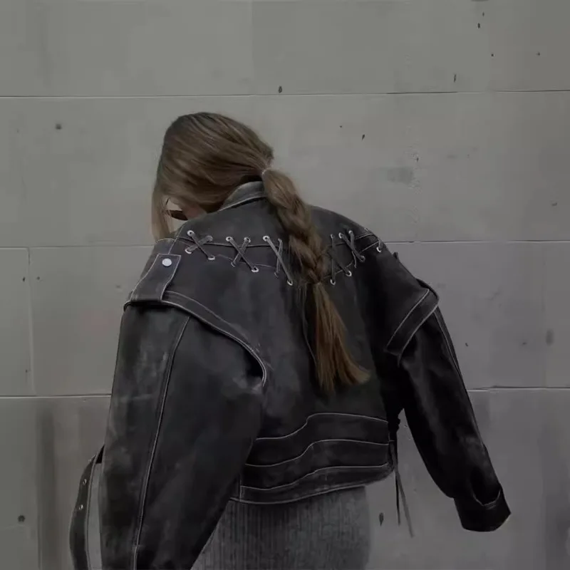 سترة ربيع الخريف الرجعية الدانتيل متابعة بو الجلود سترة فريدة من نوعها التلبيب التعادل بأكمام طويلة سترة دراجة نارية الشارع المألوف والفردية