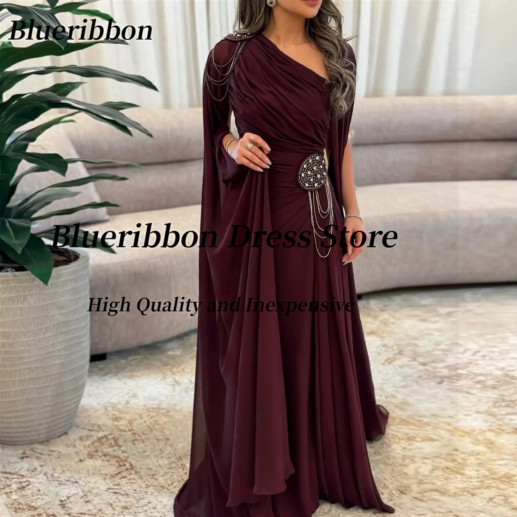 Blueribbon Vestidos de baile sauditas com decote em V فسات İات Gia3). Vestido de noite de chiffon franzido com miçangas personalizado