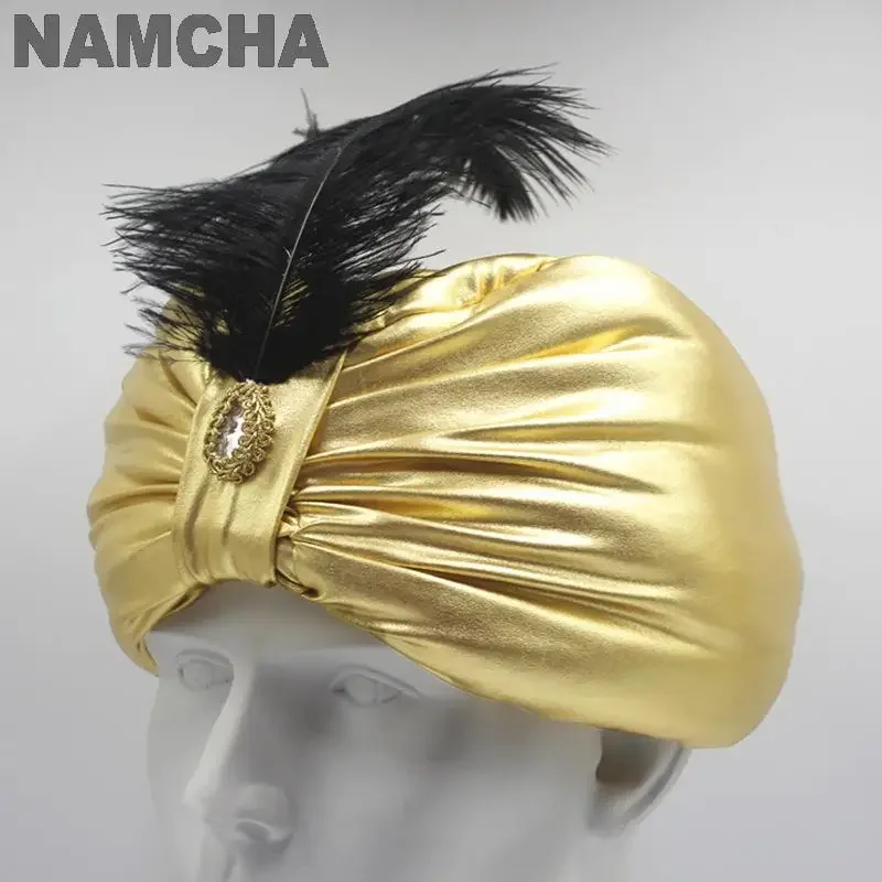 SN55Indian Arab Bright Gold Hat Turban Headwrap Ethnic Feather Pleated Adult Men Sultan Clothes Headdress Hats Halloween Pa@54WE