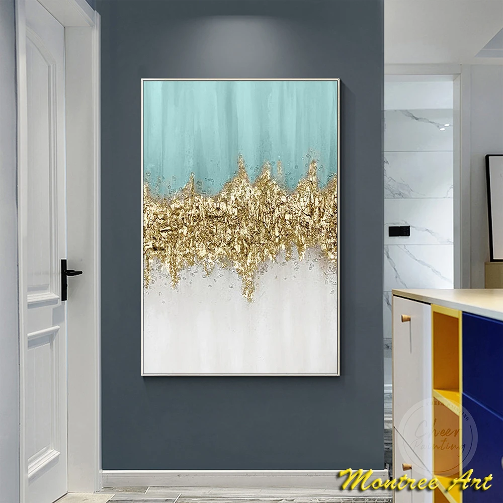 Handmade Oil Painting Modern Art Light Blue Gold Wave Abstract Painting Texture Wall Art Bedroom Luxurious Decorative Painting