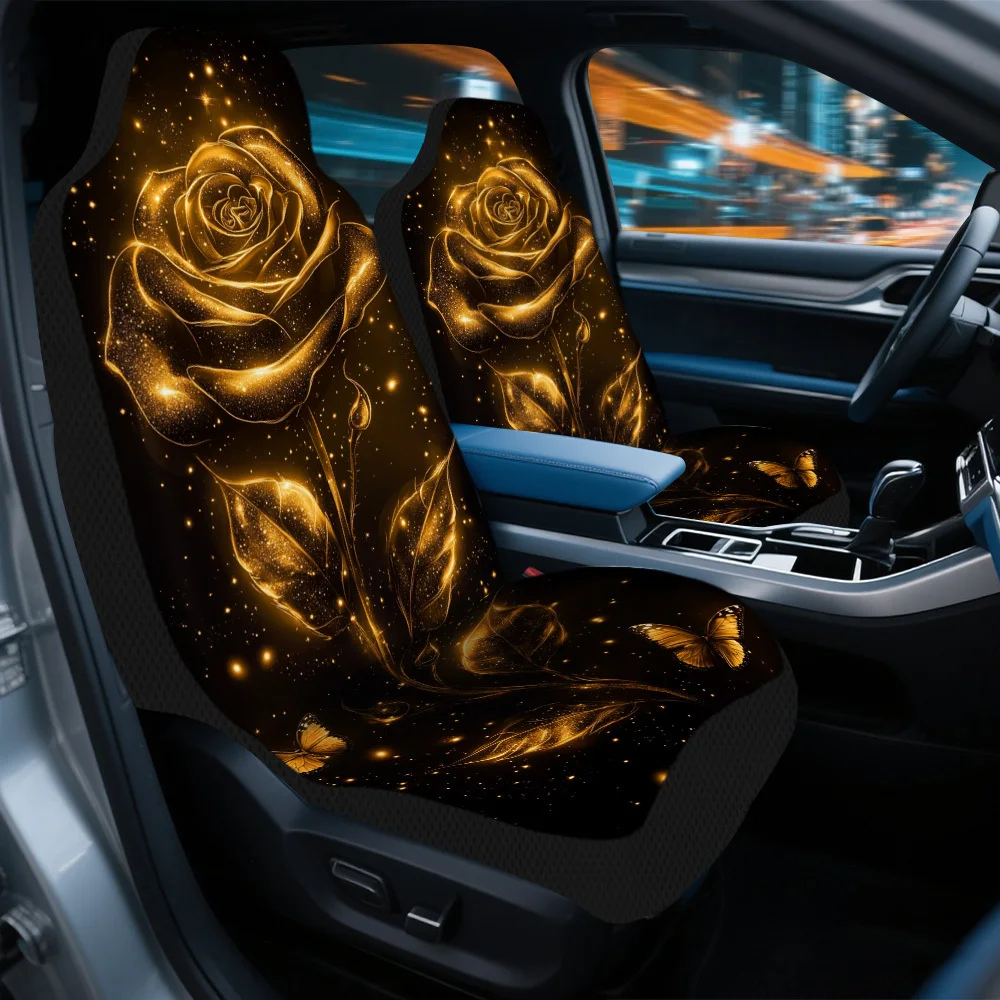 2pcs Golden Rose And Butterflies Themed Car Seat Cover Set – Fit, High-Quality Full Set Of Front Seat Protectors, Durable And S