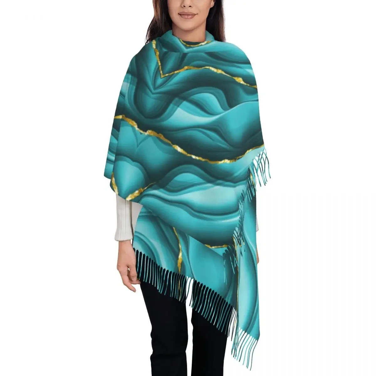 Teal And Gold Abstract Ink Scarf Wrap for Women Long Winter Fall Warm Tassel Shawl Unisex Texture Marble Geometric Scarves