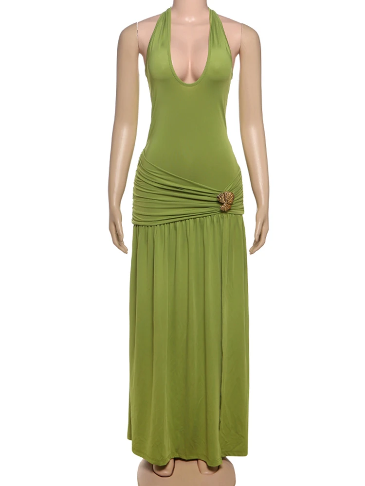 Macheda fruncido elegante Maxi vestido de mujer vendaje Halter sin espalda decoración de Metal de alta división dobladillo medianoche fiesta fiesta de graduación