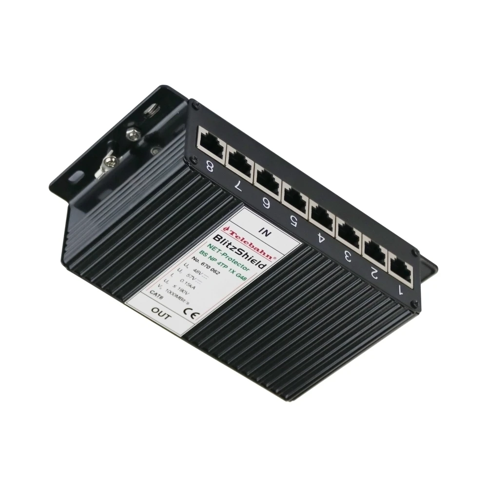 

Telebahn 8 портов 48 В 57 В E10/E100/E1000 Мбит/с RJ45 Разрядник от перенапряжения Сеть Gigabit POE SPD TVSS Ethernet Защита от перенапряжения