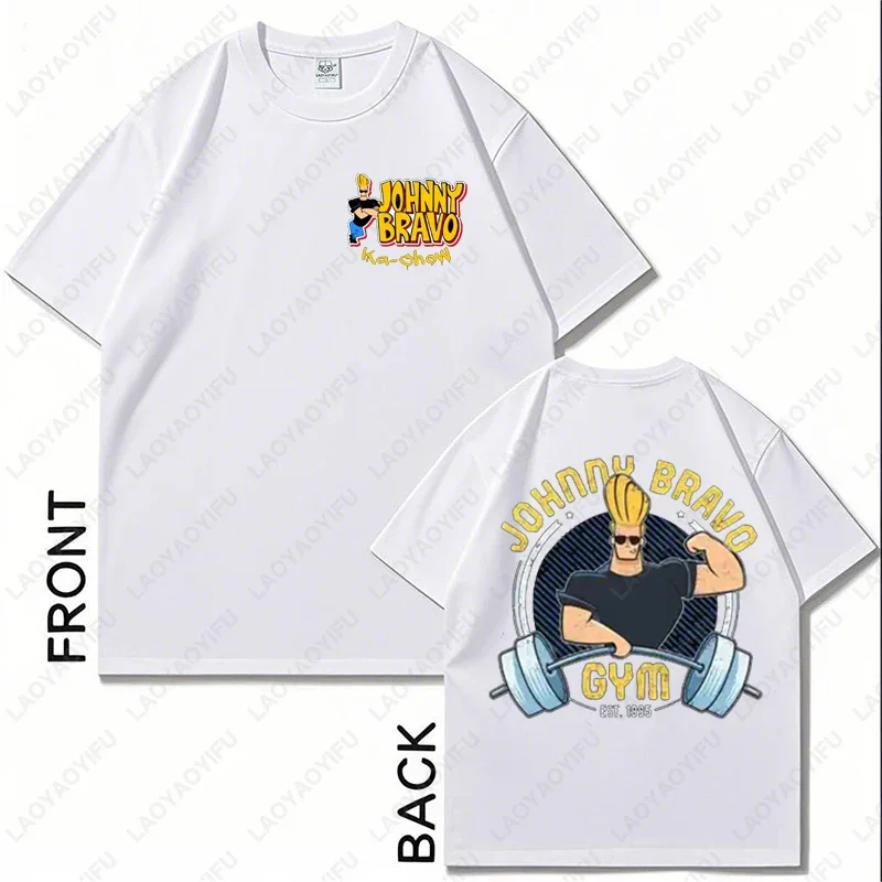 Johnny Bravo Gym Print ‌with Front and Back TShirt Vintage 90's Cartoon Anime Cotton Clothing Weightlifting Barbell Fitness Tees