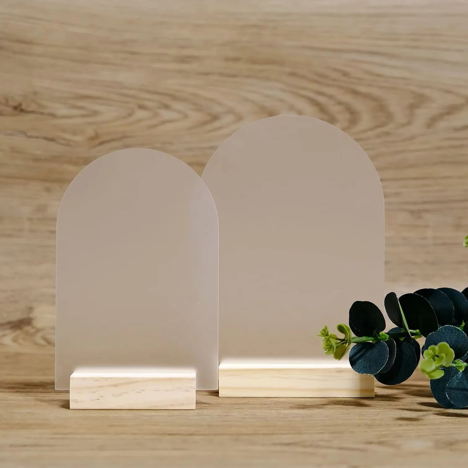 

Blank Frosted Arch Acrylic Sign with Wooden Stand,Round Top Acrylic Sheet,DIY Table Numbers for DIY Name Card Event Party Sign