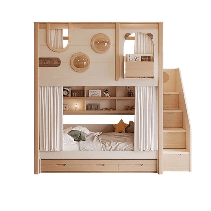 Upper and lower bunk beds with high guardrail, child and mother beds, small apartment