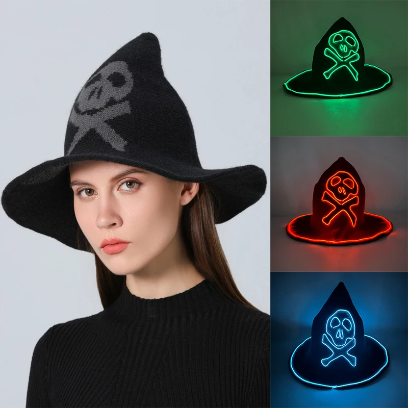 Novelty LED Witch Hat Masquerade New Year’s Halloween Fashion Winter Knit Wool Wizard Hat Skull Pattern Cosplay Wizard Cap