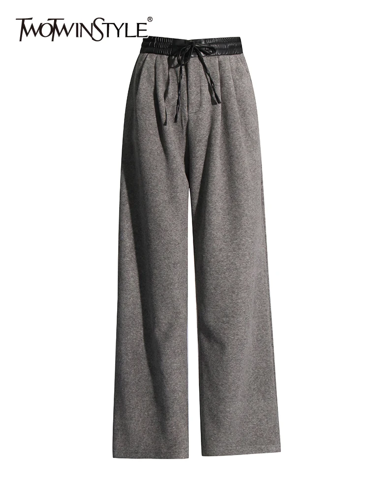 

TWOTWINSTYLE Colorblock Patchwork Leather Wide Leg Pant For Women High Waist Spliced Drawstring Loose Casual Pants Female New