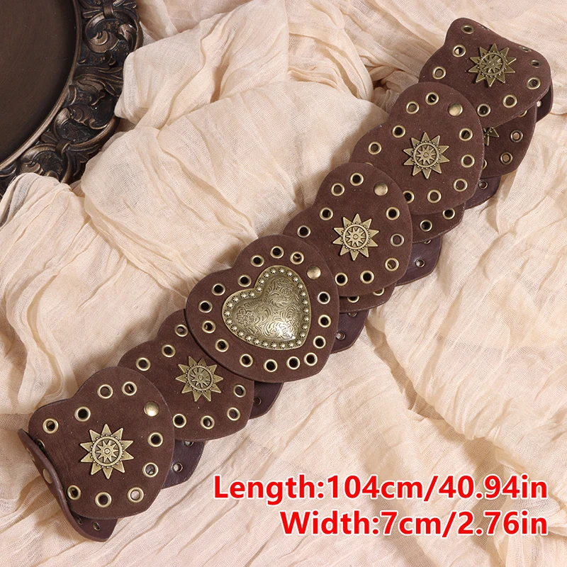 1Pc High Quality Heart PU Belt Retro Large Heart Buckle Belt Women\'s Belt Western Denim Wide Rivets Steampunk Decorative Belt