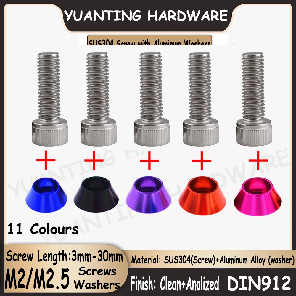 

20Sets M2 M2.5 DIN912 SUS304 Stainless Steel Hexagon Socket Cap Head Screws with Matched Colorful Aluminum Washers Screw Gaskets