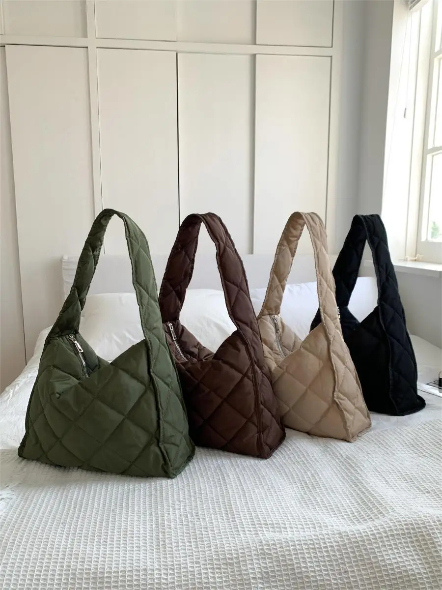 Large Down Cotton Puff Cloud Bag Autumn Women's Large Capacity Nylon Cotton Shoulder Bag Rhombic Handbag Bag For Women