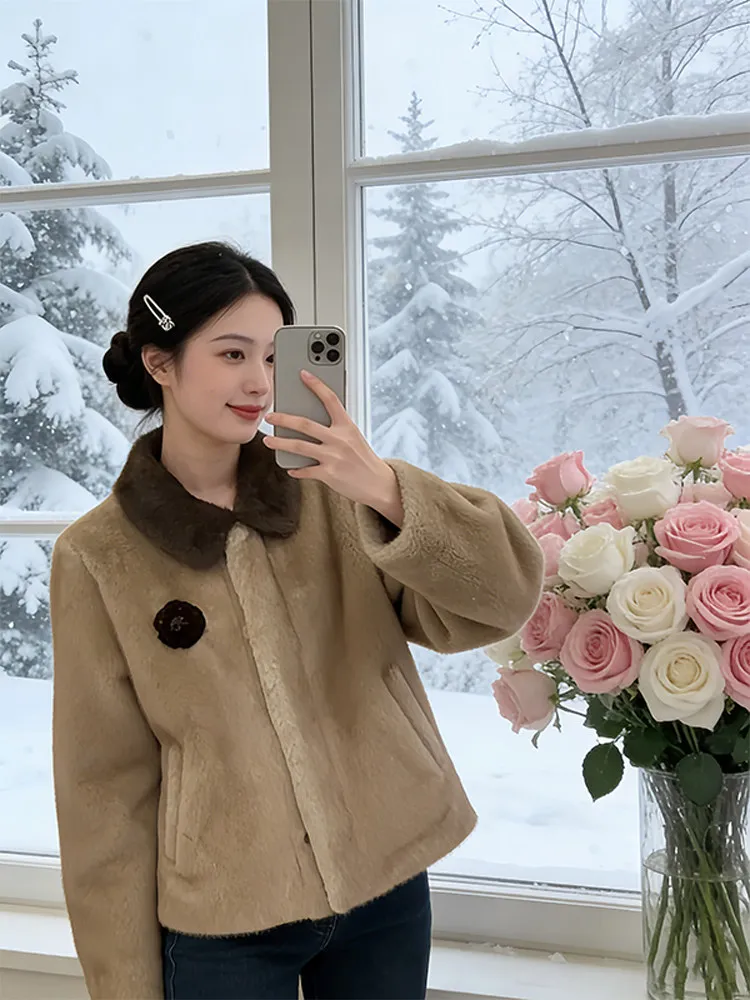 

Sli ort Lamb Fur Coat Stand Collar Women's Warmth Commute Sle Autumn Winter New Faion Trend Top Ladies Outerwear