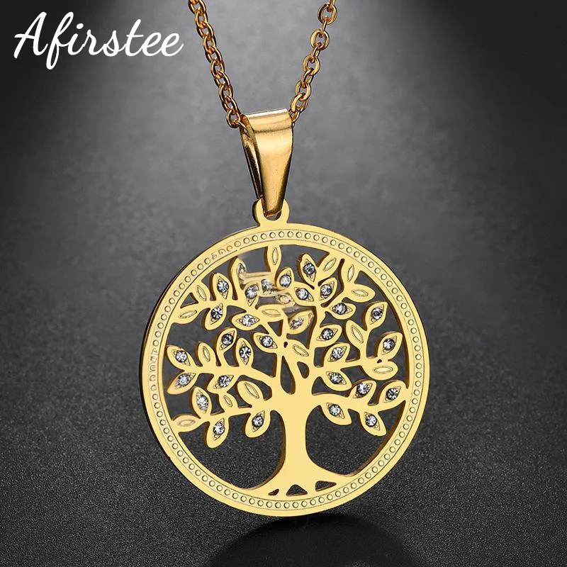 

Afirstee Fashion Tree of Life Necklaces Stainless Steel Round Pendant For Women Charming Choker Christmas Gift