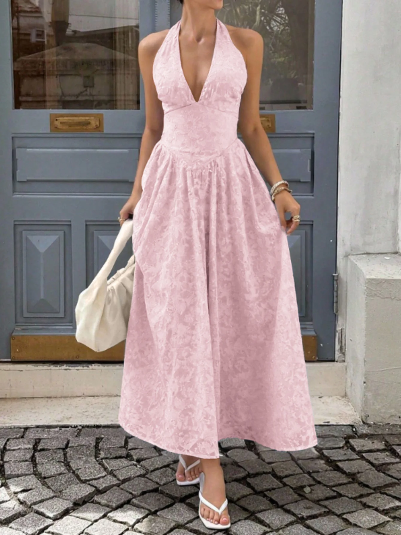 2026 Deep V-Neck Halter Dress Woman Summer Jacquard High-end evening dress Backless Elegant Patchwork Solid Party Sexy Vestidos