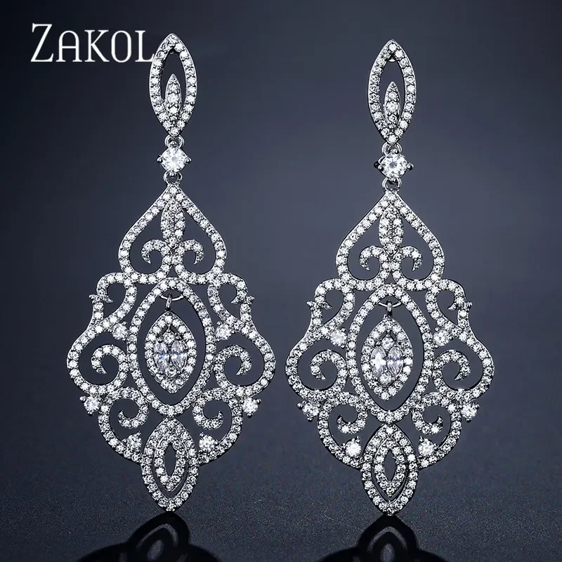 ZAKOL Luxury Leaf  Full Micro Paved Cubic Zirconia Big Drop Earrings Fashion Wedding Party Jewelry for Women FSEP2186