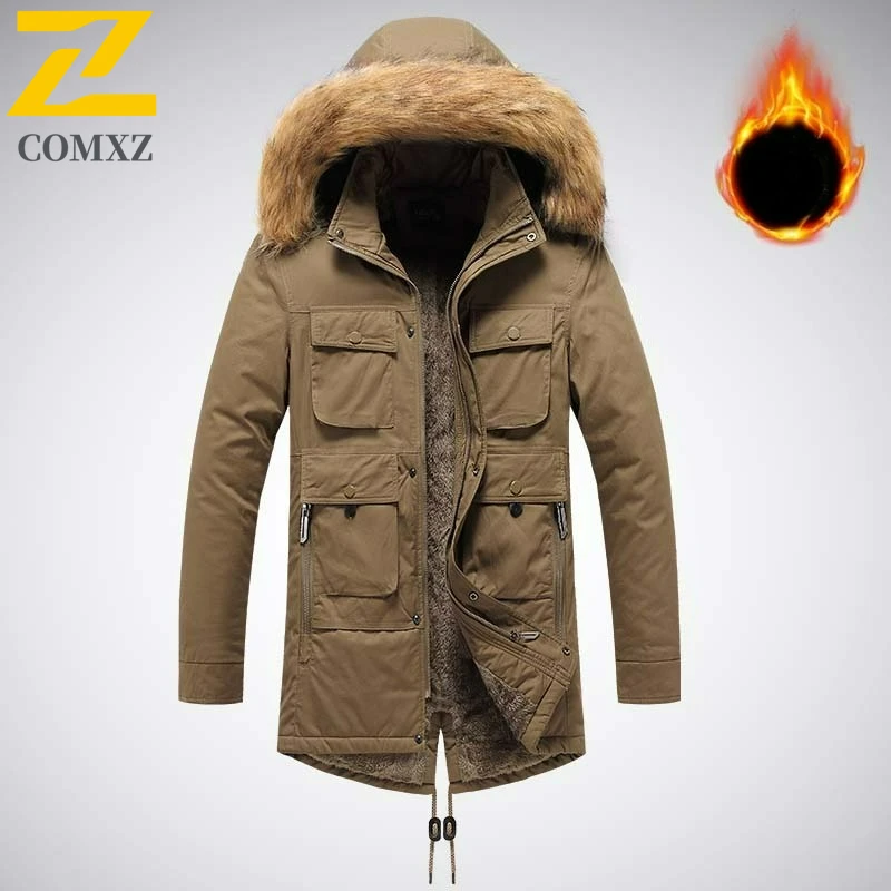2025 Men's Autumn Winter Jacket Fleece Lined Warmth Pure Cotton Thickened Cotton Mid-Length Coat Outdoor Sports Fishing Parka