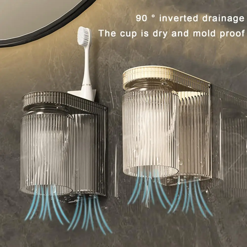 Bathroom Organizer Wall Mounted Bathroom Toothbrush Holder with Cup Transparent Toothpaste Organizer Punch-free Anti-slip Design