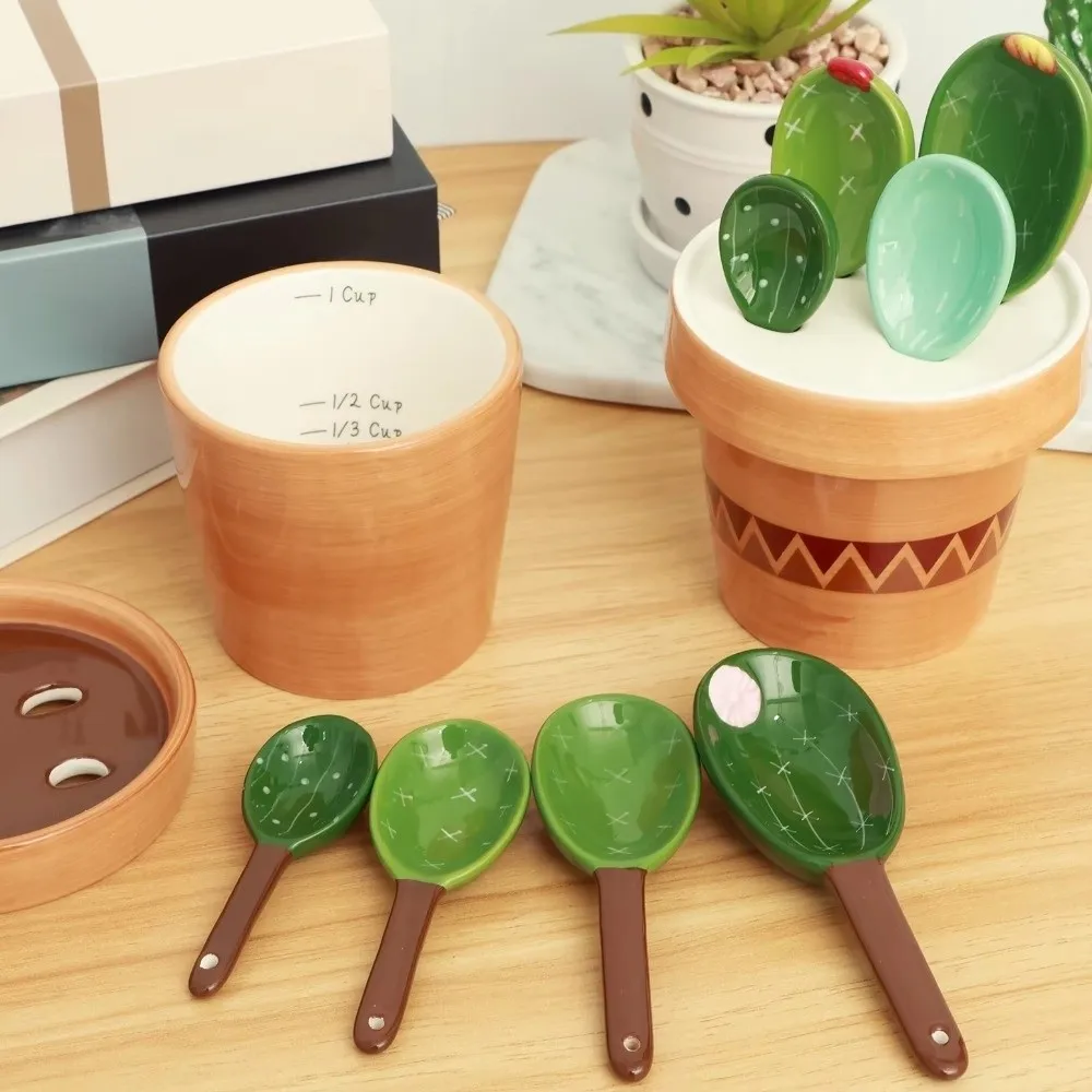Flower Pot Ceramic Measuring Spoons Set Cactus Shape with Base Baking Spoons Space Saving Cactus Ornament Baking Use