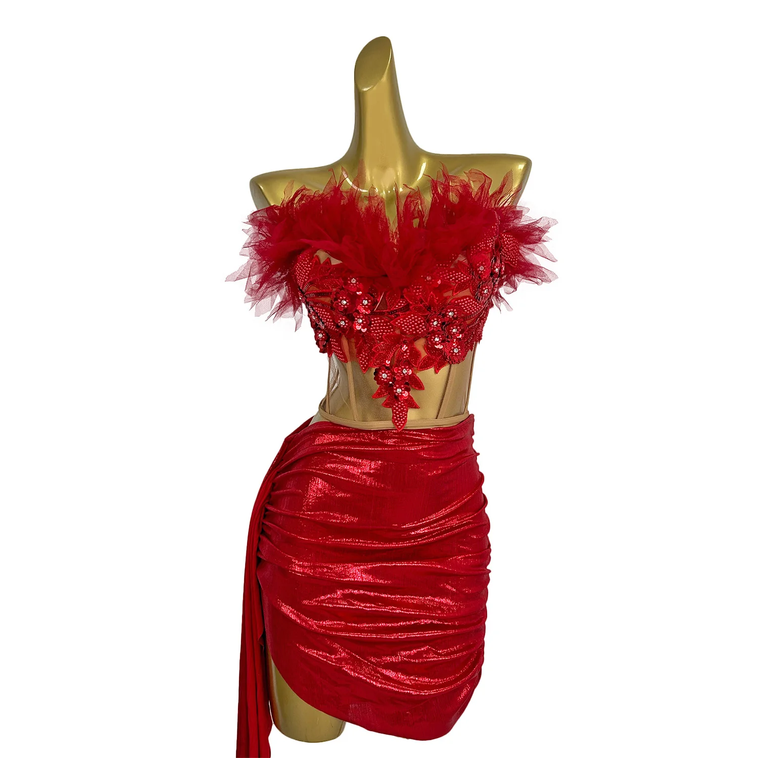 Sparkly Sequins Strapless Crop Tops Mini Skirt 2Pieces Set Women Party Sexy Celebrate Cloting Evening Birthday Dance Wear Fanqie