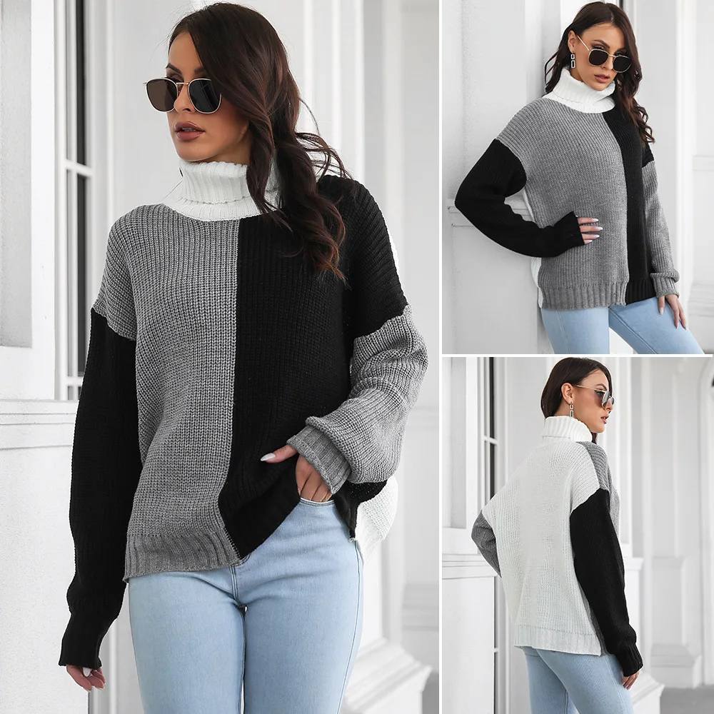 

European and American women's matching colors, high-necked and off-shouldered long-sleeved knitted sweater, women's loose top