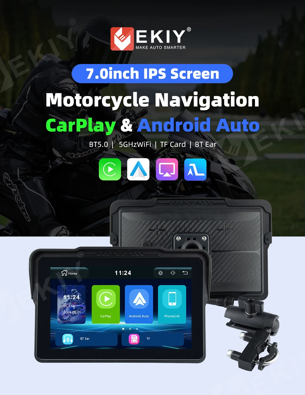 EKIY 7inch Motorcycle CarPlay Motor Navigation Wireless Android Auto Wireless Dual Bluetooth 2 in 1 Connection