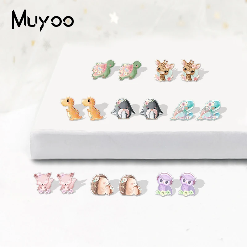 New Cartoon Style Flowers and Animal Cute Dinosaur Whale Penguin Fox Cartoon Acrylic Resin Print Handmade Acrylic Epoxy Earrings