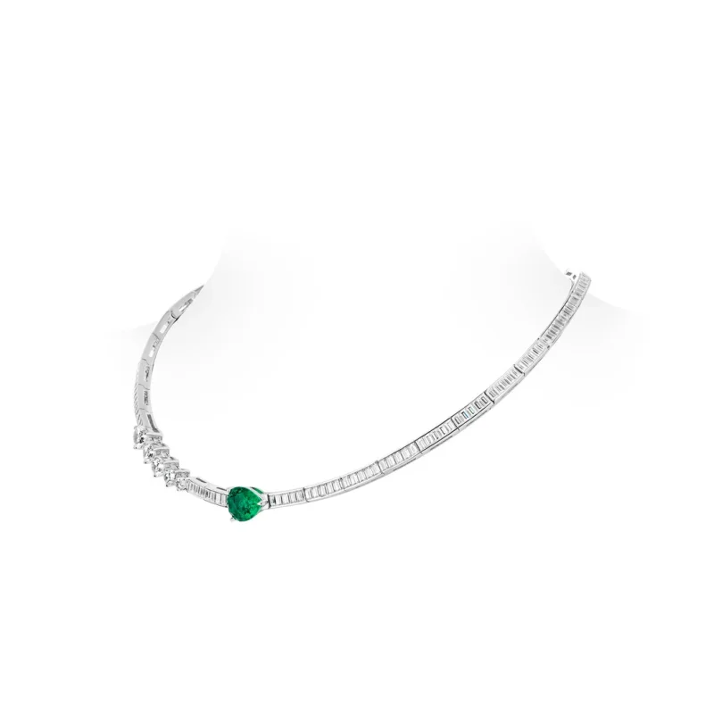 Bellux 925 Silver Synthetic Zircon Emerald Dreamy Green Water Drop T-shaped Full Diamond Luxury Banquet Party Necklace