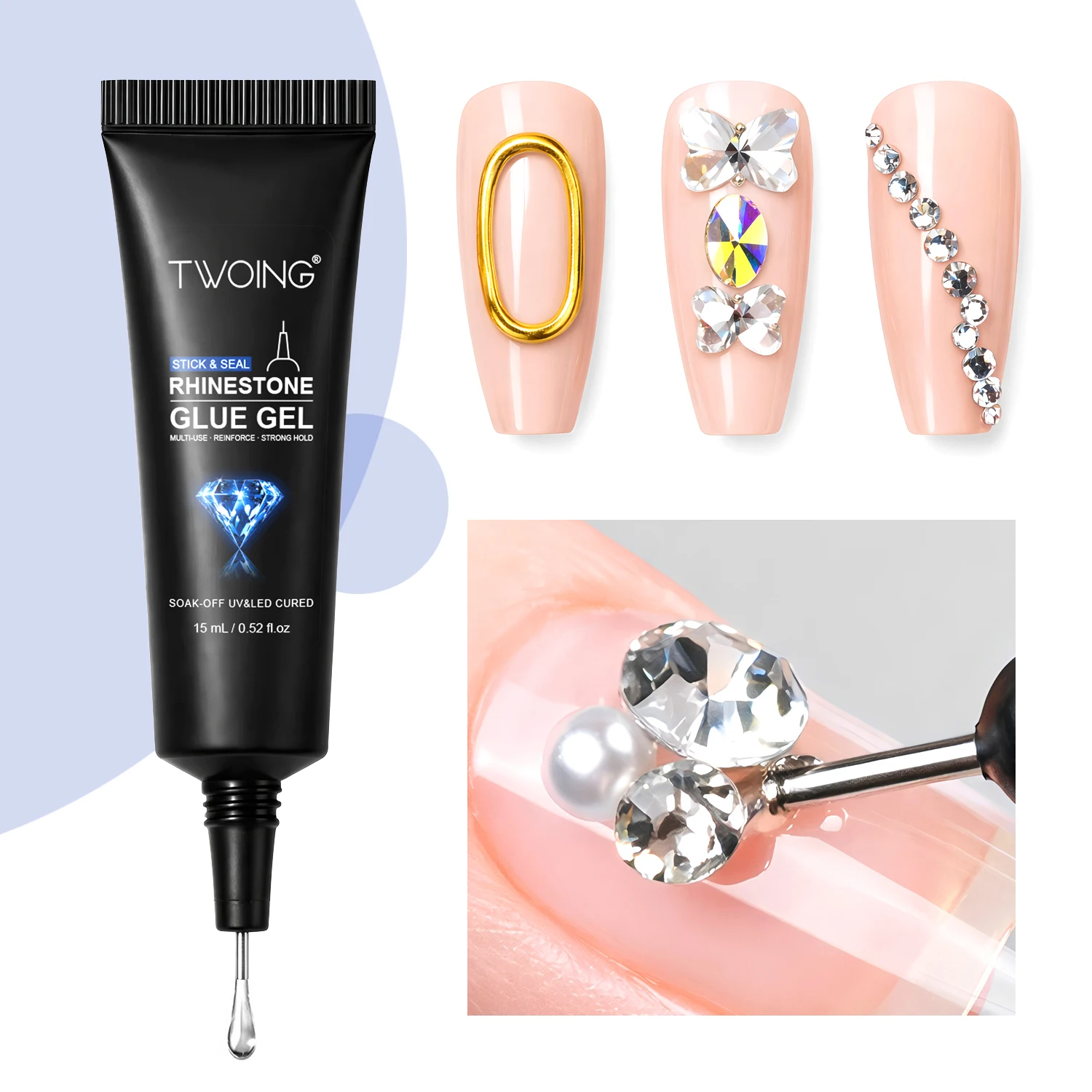 TWOING 15ml Rhinestone Glue Gel, UV LED Nail Glue for Gems, Crystals & Charms, Gap Filling, Long-Lasting Hold