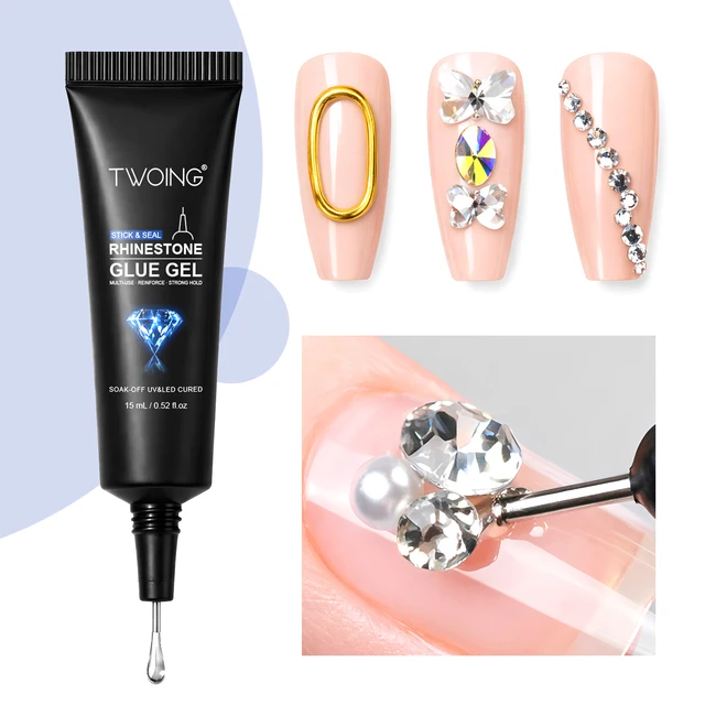 TWOING Gel Cola para Strass 15ml para Unhas, Cola UV LED para Pedrarias, Cristais, Pérolas, Miçangas e Charms, Gel 3D para Nail Art com Preenchimento de Espaços e Fixação de Decorações