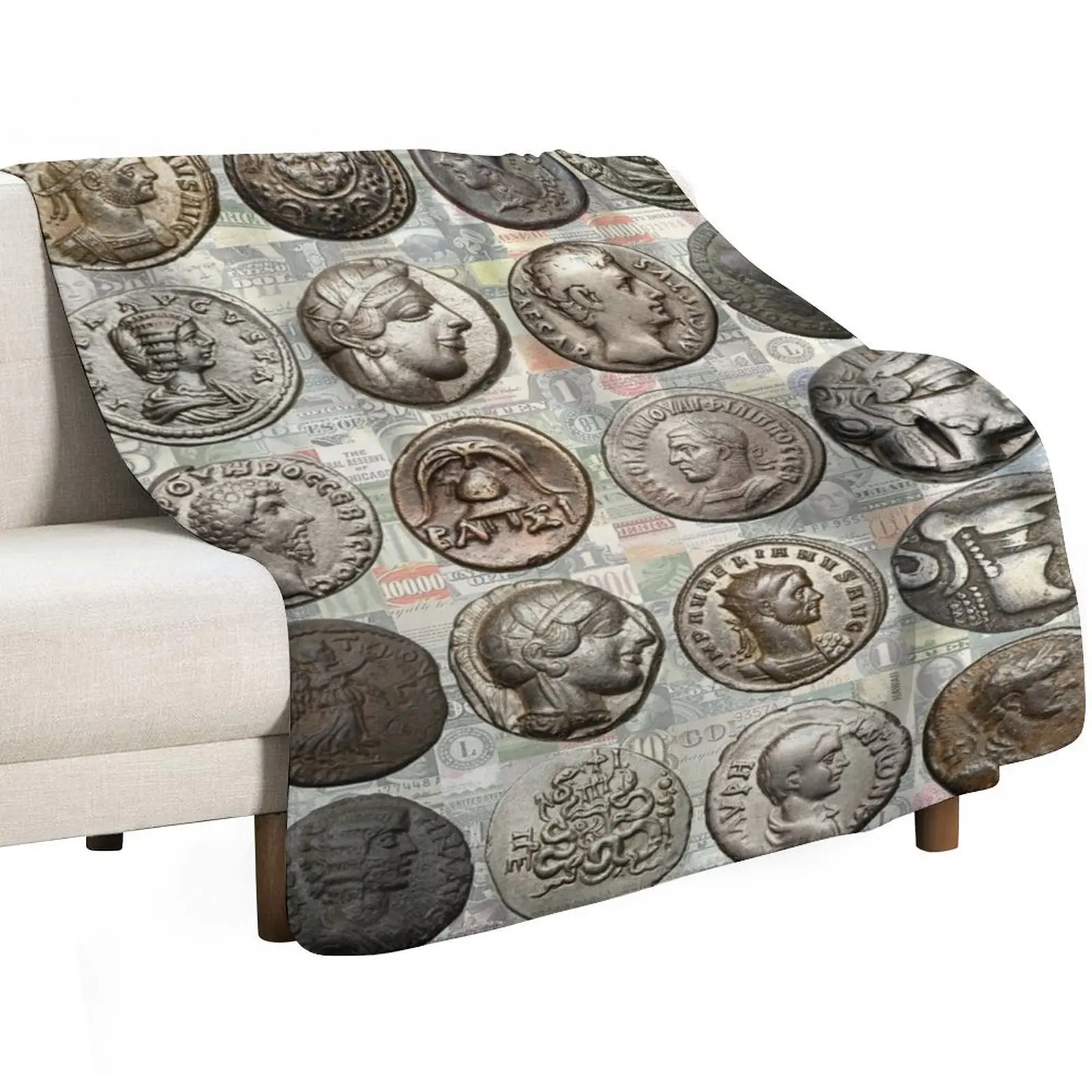 Roman Coins Throw Blanket Luxurious Soft Fuzzy Blanket for Sofa Bed