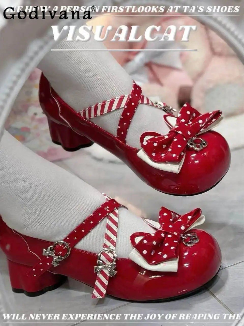 

Japanese Original Sweet and Cute Lolita Small Leather Shoes Round Head Thick Heel Polka Dot Bow Versatile Women's High Heels