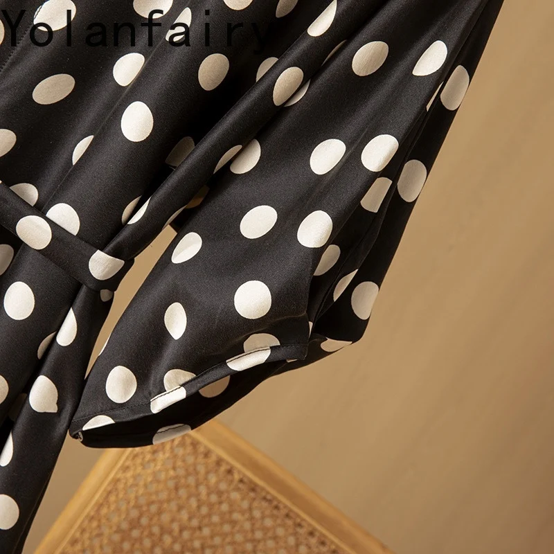 YOLANFAIRY 100% Real Mulberry Silk Long Dresses 2025 Woman Classic Polka Dot Dress Silk Satin Elegant Ladies Dresses Half Sleeve