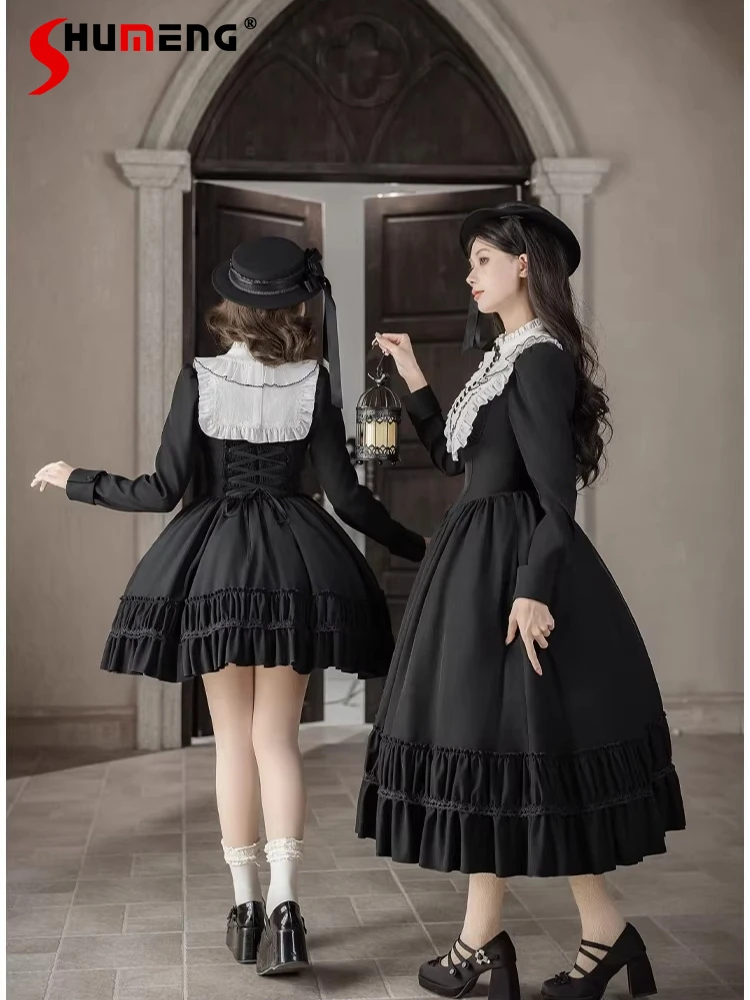 

Original Elegant Retro Court Style Cla OP Dress Square Neck Long Sleeve High Waist A-line Black Lolita Long Dress Women Spring