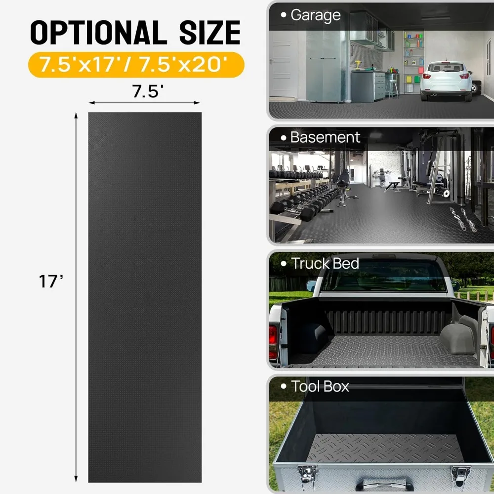 Thick Diamond Plate PVC Garage Floor Mat - 7.5 x 17 FT Roll for Under Car and Parking Area