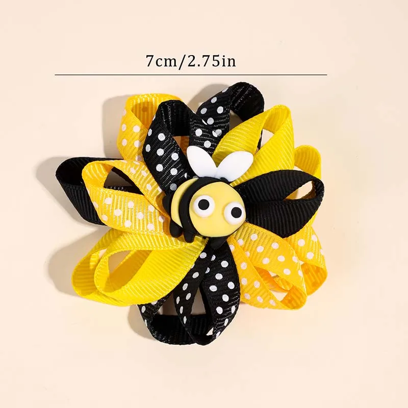 ncmama 2Pcs Bee Ladybug Flower Hair Clip Ribbon Flower Hairpin for Kids Girls Cute Dot Print Barrettes Headwear Hair Accessories