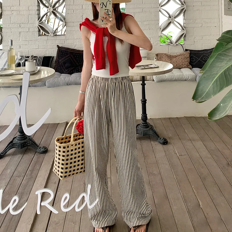 Summer women\'s retro sweet sun protection high waist wide leg trousers summer trousers korean fashion