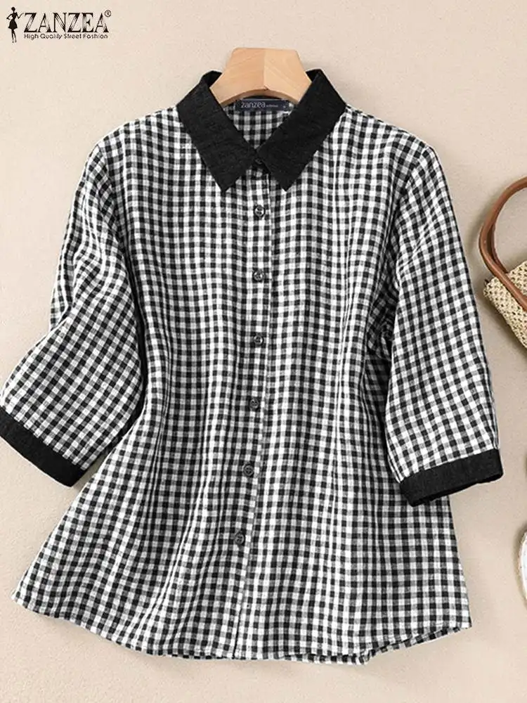 ZANZEA Fashion 3/4 Sleeve Lapel Neck Blouse Women Plaid Shirt Summer Korean Buttons Patchwork Tunic Casual Office Blusas Femme