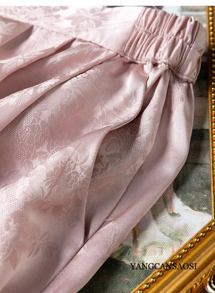 Luxury and Elegant 100% Natural Mulberry Silk HuaLuo Jacquard Satin Elastic Waist Grey Pink Pocket Design Women's Fashion Skirt