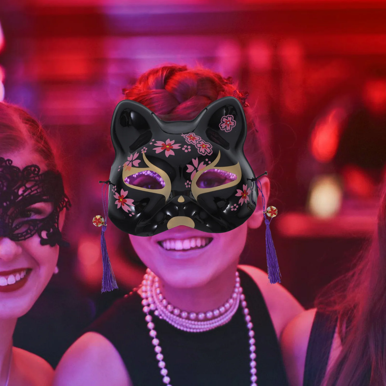 

2pcs Japanese Cherry Blossoms Cat Shaped Mask For Halloween Masquerade Party Cosplay Face Piece Decor Accessories