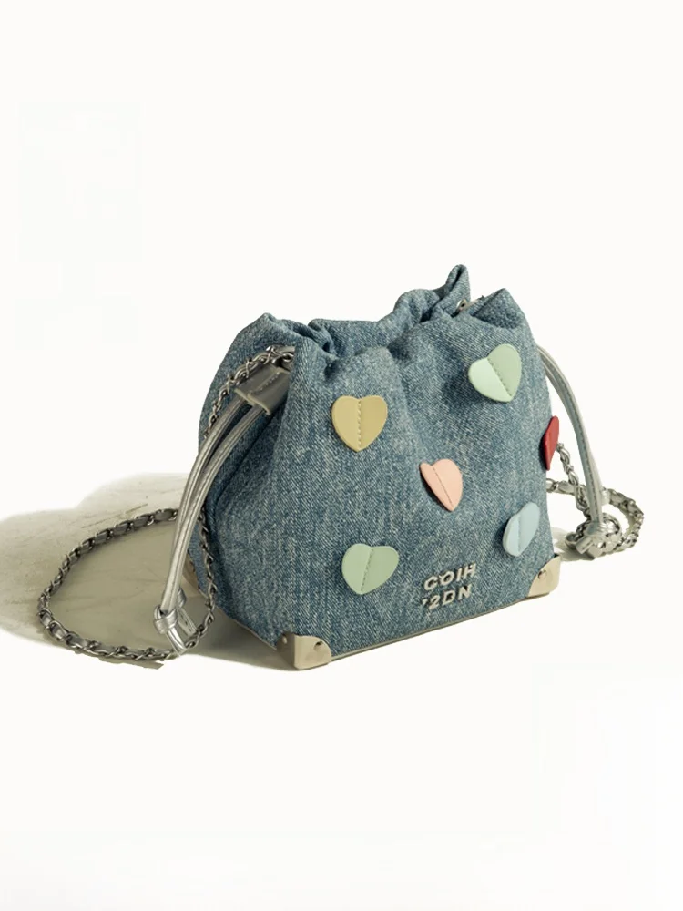 

Polaiya High-End Denim Heart Bucket Bag Women's Fashionable Shoulder Crossbody Bag New 2026 Soft Leather Handbag