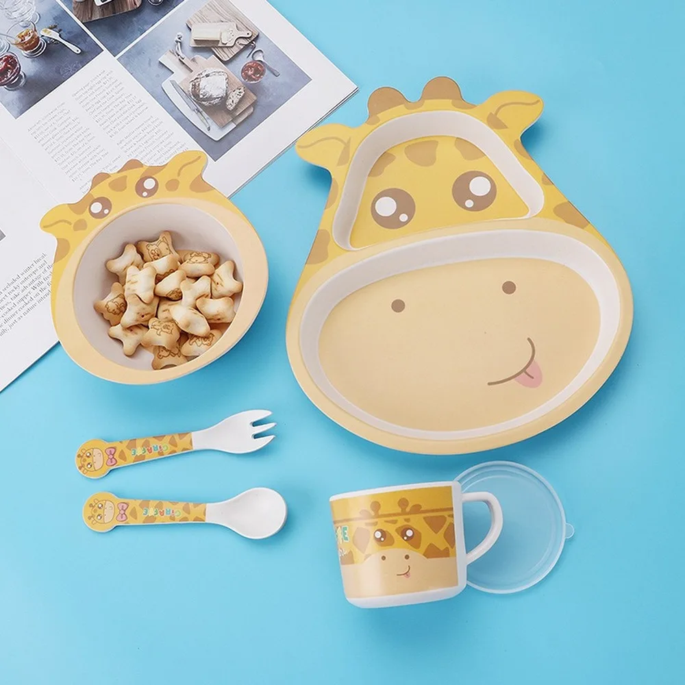 5 Pcs/set Cute Carton Animals Bamboo Fiber Kids Baby Children Solid Feeding Dinnerware Tableware Set Plate Bowl Cup Fork Spoon