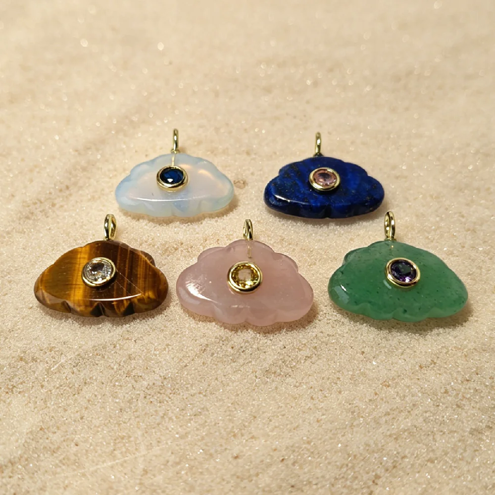 

Chakra Balancing Scalloped Cloud Mixed Gemstone Charms Golden Tone Center Bezel Set CZ Single Bail DIY Beading Findings P2D1006